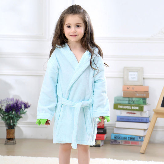 Velvet Hooded Kids Bath Robe - Light Blue Dinosaur