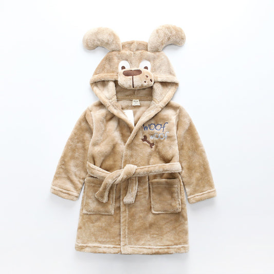 Brown dog flannel hooded kids bathrobes - Just Kidding Store