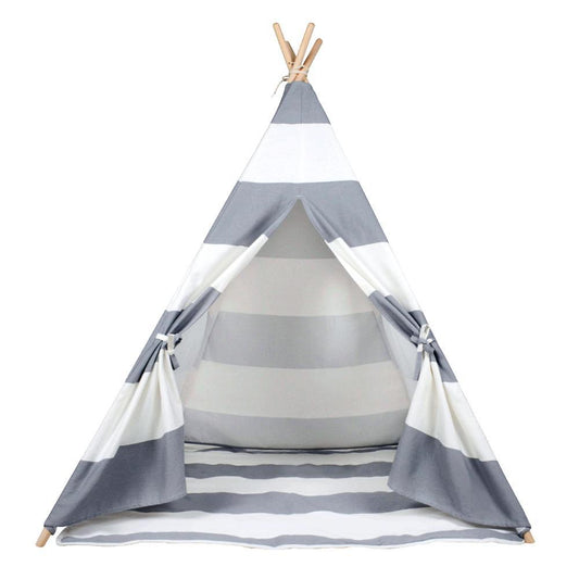Grey Stripe Kids Teepee with Mat - Children Tipi Playhouse