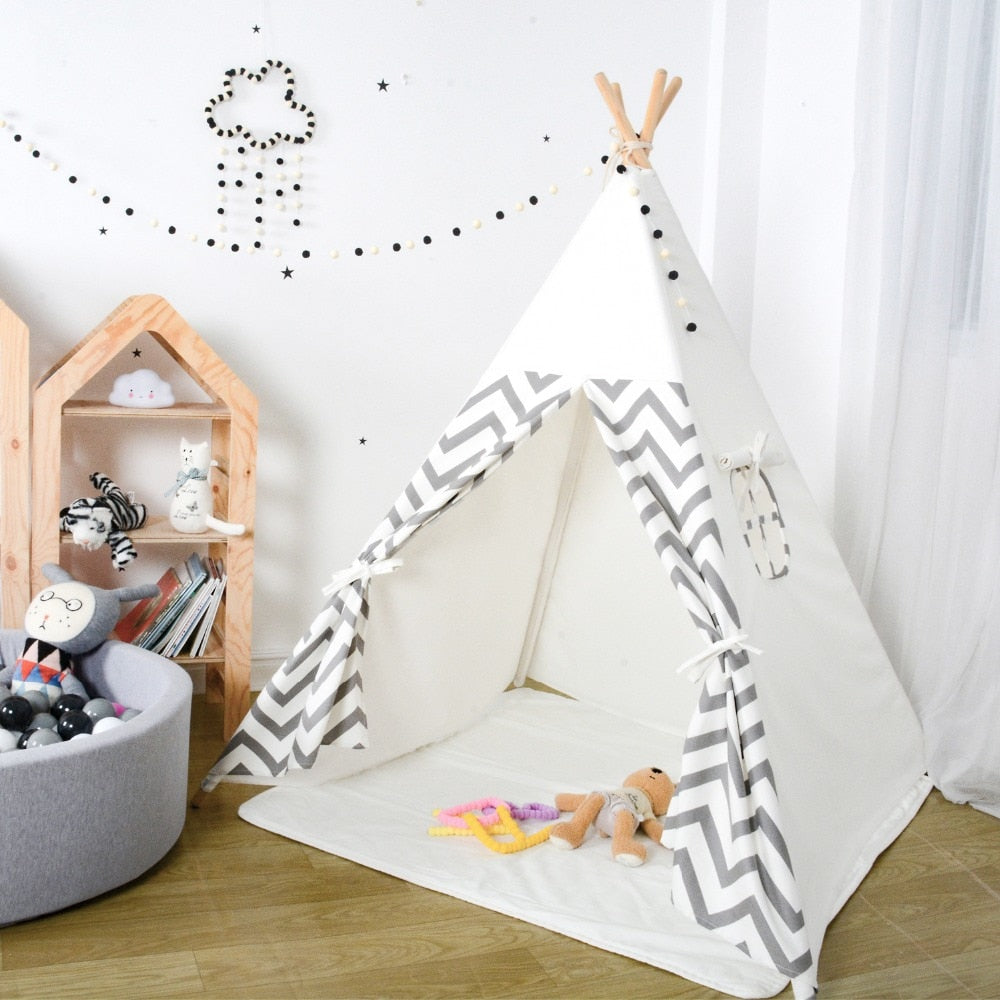 Chevron Stripes Teepee Gray White Kids Play Tent - Just Kidding Store