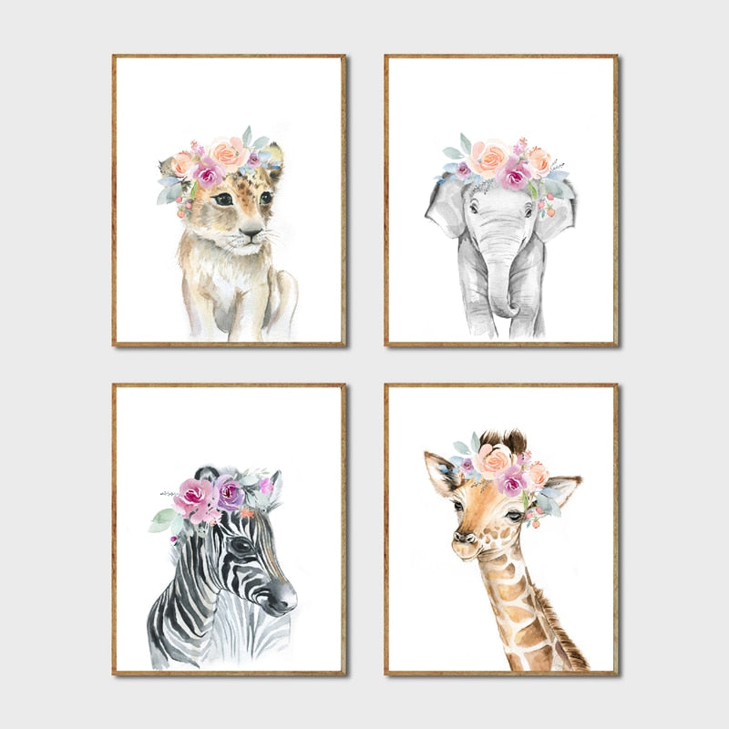 Watercolor Wild Animals Canvas Art - Giraffe, Elephant, Lion, Zebra - Just Kidding Store