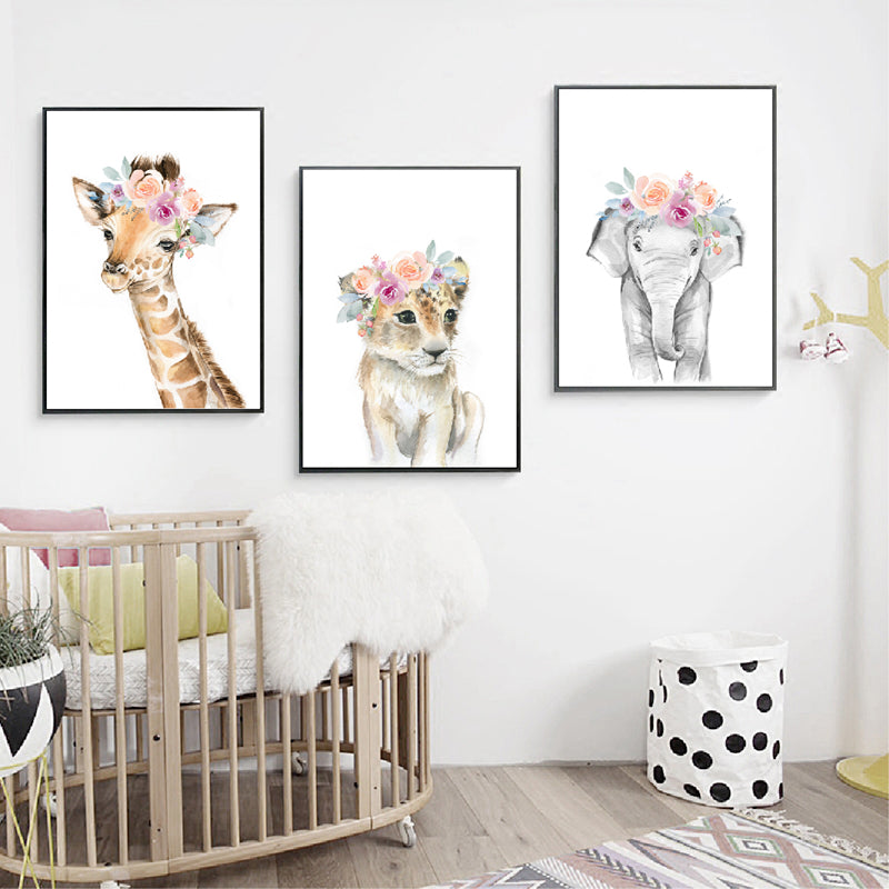 Watercolor Wild Animals Canvas Art - Giraffe, Elephant, Lion, Zebra - Just Kidding Store