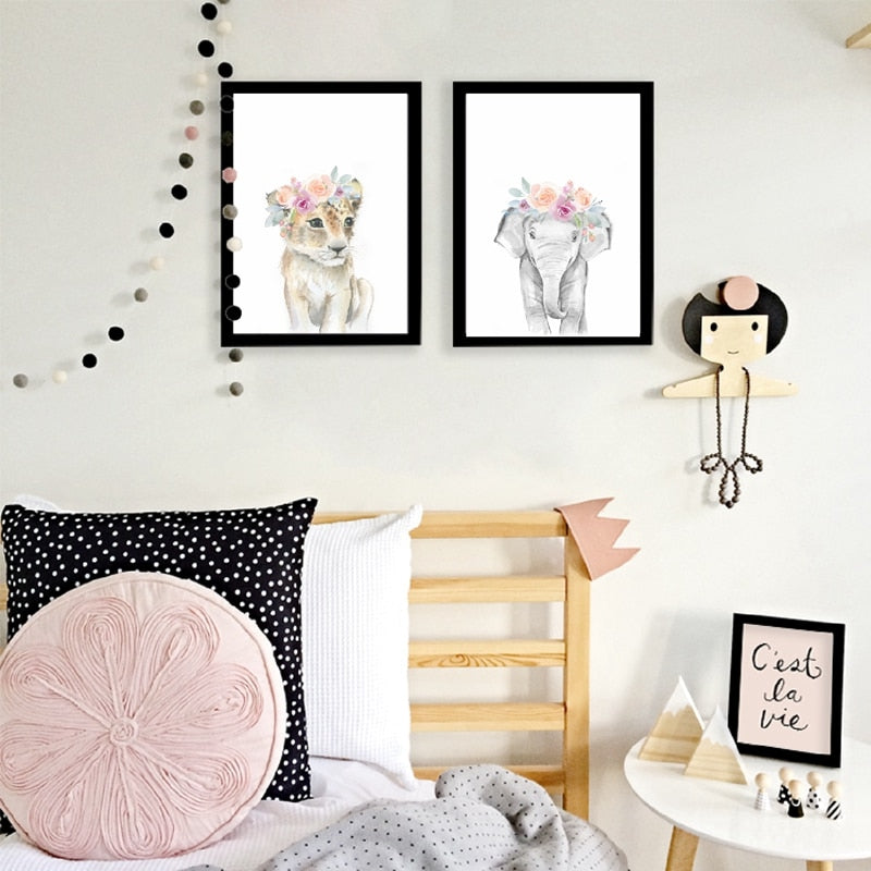 Watercolor Wild Animals Canvas Art - Giraffe, Elephant, Lion, Zebra - Just Kidding Store
