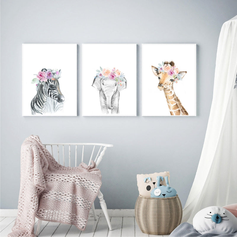 Watercolor Wild Animals Canvas Art - Giraffe, Elephant, Lion, Zebra - Just Kidding Store