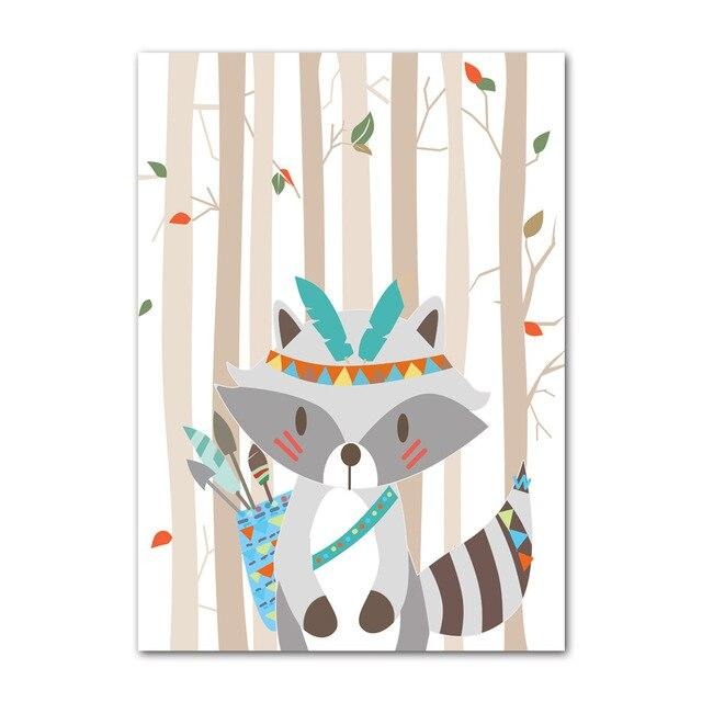 Woodland Animals Canvas Wall Art - Tribal Fox Raccoon - Just Kidding Store