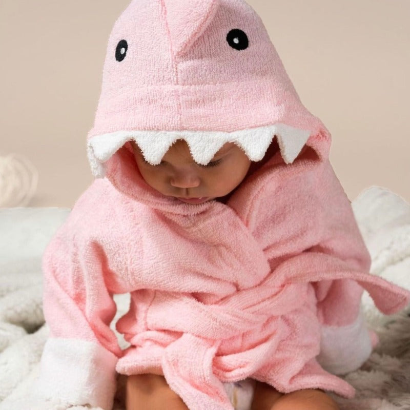 Hooded Kids Bathrobe - Pink Shark Cotton Towel - Just Kidding Store