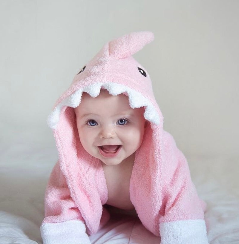 Hooded Kids Bathrobe - Pink Shark Cotton Towel - Just Kidding Store