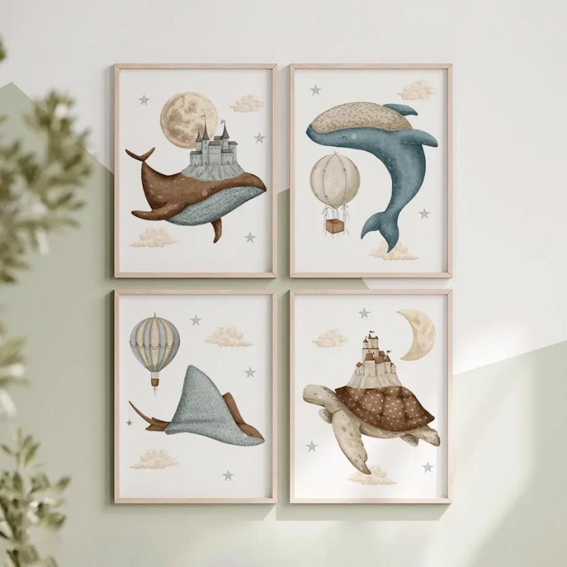 Watercolour Celestial Whales Nursery Canvas Prints - Just Kidding Store