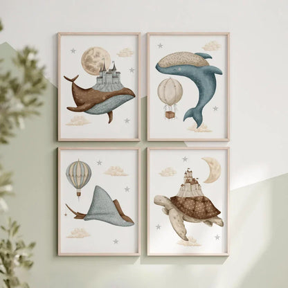 Watercolour Celestial Whales Nursery Canvas Prints - Just Kidding Store