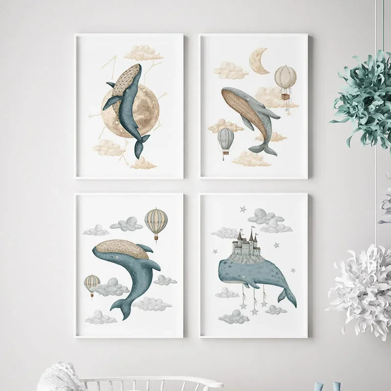 Watercolour Celestial Whales Nursery Canvas Prints - Just Kidding Store