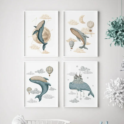 Watercolour Celestial Whales Nursery Canvas Prints - Just Kidding Store
