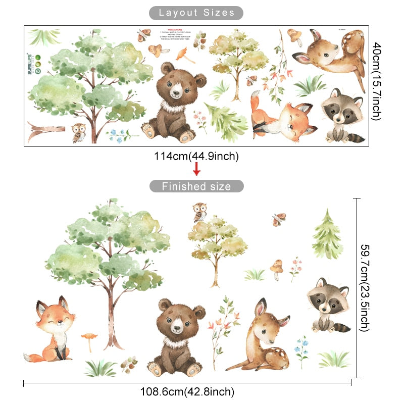 Watercolor Woodland Cartoon Animals Wall Decal - Just Kidding Store