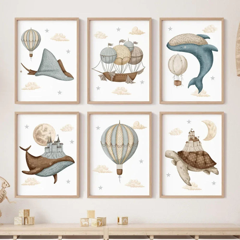 Watercolour Celestial Whales Nursery Canvas Prints - Just Kidding Store