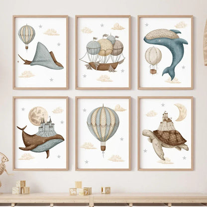 Watercolour Celestial Whales Nursery Canvas Prints - Just Kidding Store