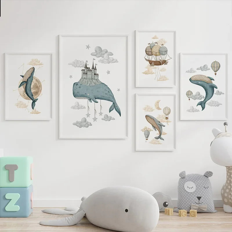 Watercolour Celestial Whales Nursery Canvas Prints - Just Kidding Store