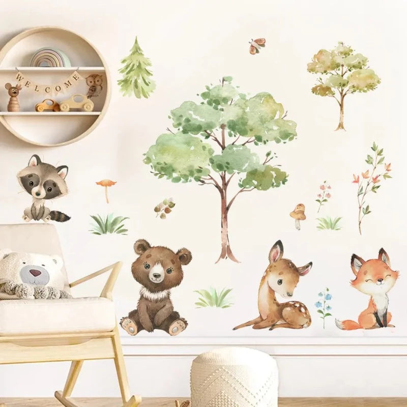 Watercolor Woodland Cartoon Animals Wall Decal - Just Kidding Store