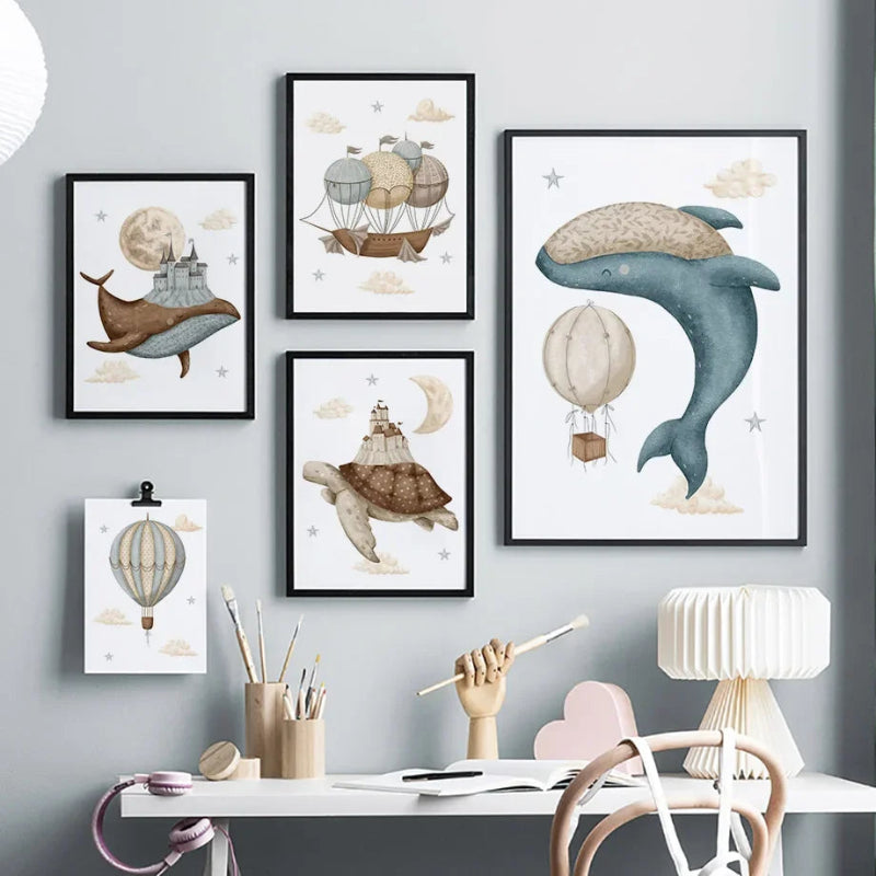 Watercolour Celestial Whales Nursery Canvas Prints - Just Kidding Store