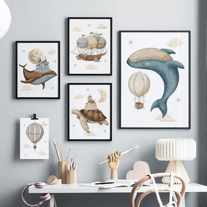 Watercolour Celestial Whales Nursery Canvas Prints - Just Kidding Store