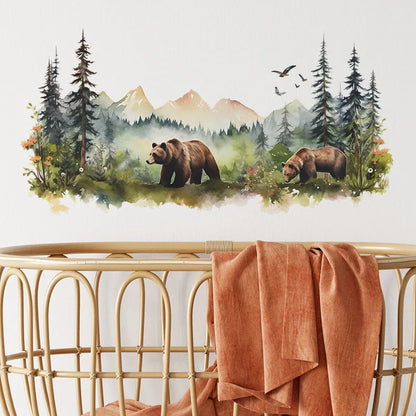Grizzly Wildlife Forest Landscape Wall Decal - Just Kidding Store