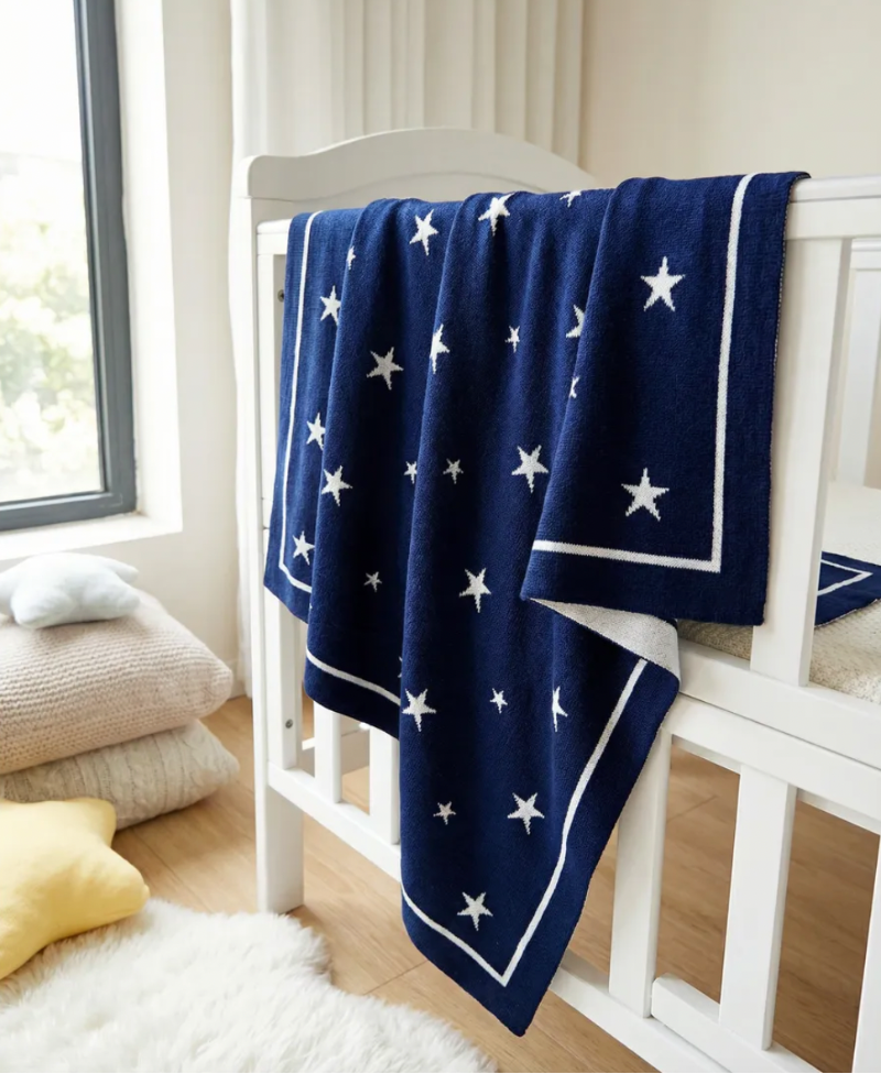 White Stars Cotton Knitted Baby Children Nursery Blanket - Just Kidding Store