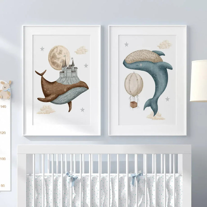 Watercolour Celestial Whales Nursery Canvas Prints - Just Kidding Store