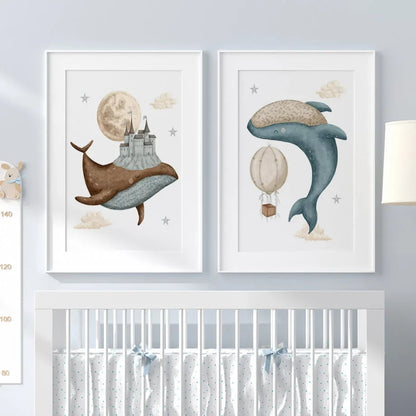 Watercolour Celestial Whales Nursery Canvas Prints - Just Kidding Store