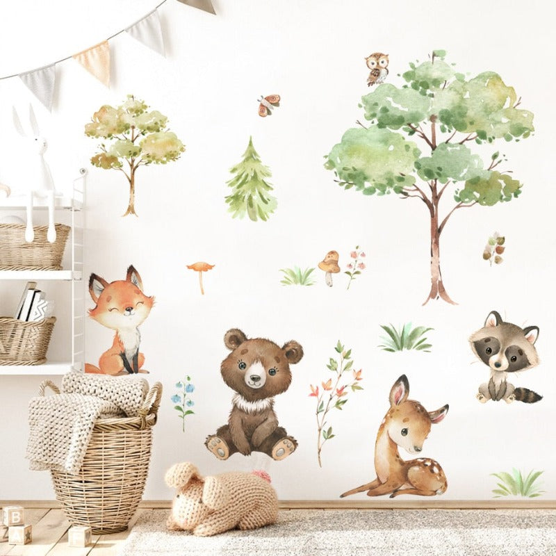 Watercolor Woodland Cartoon Animals Wall Decal - Just Kidding Store