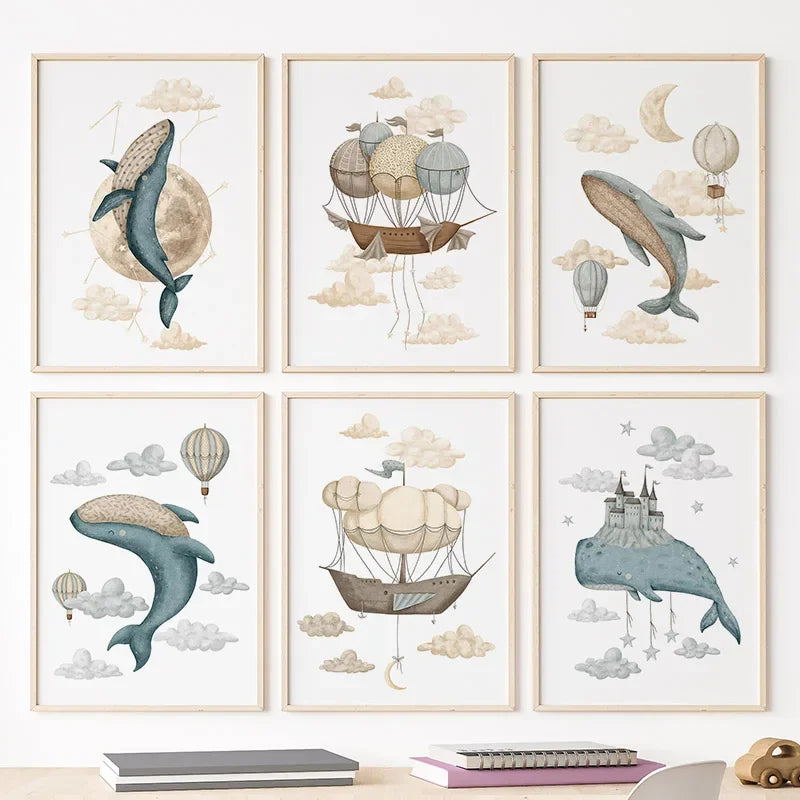 Watercolour Celestial Whales Nursery Canvas Prints - Just Kidding Store