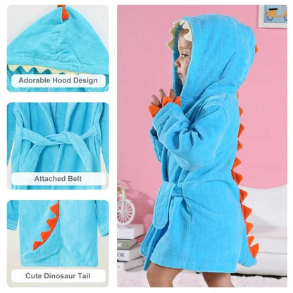 Velvet Hooded Kids Bath Robe - Dinosaur