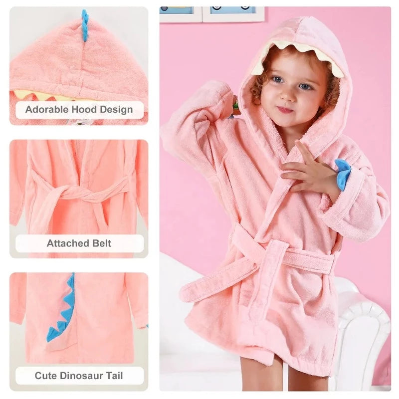 Velvet Hooded Kids Bath Robe - Dinosaur