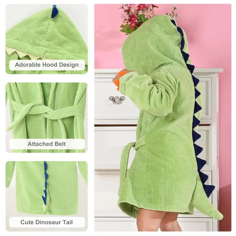 Velvet Hooded Kids Bath Robe - Dinosaur