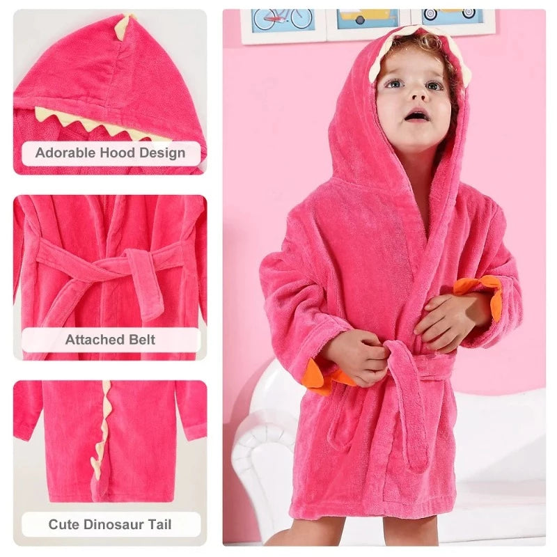 Velvet Hooded Kids Bath Robe - Dinosaur