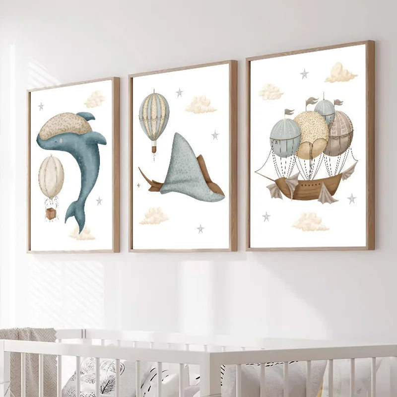 Watercolour Celestial Whales Nursery Canvas Prints - Just Kidding Store