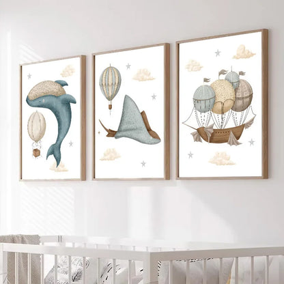 Watercolour Celestial Whales Nursery Canvas Prints - Just Kidding Store