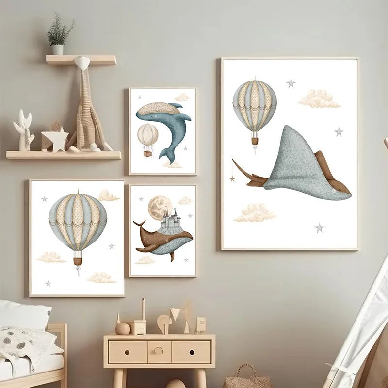 Watercolour Celestial Whales Nursery Canvas Prints - Just Kidding Store