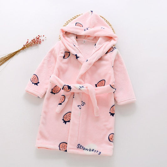 Plush Hooded Bathrobe - Kids Fleece Nightgown - Strawberry - Just Kidding Store
