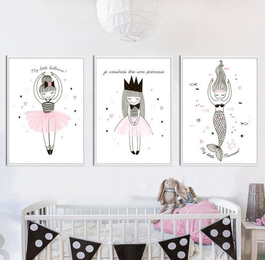 Nordic Canvas Wall Art Ballerina Girl Mermaid Unicorn - Just Kidding Store