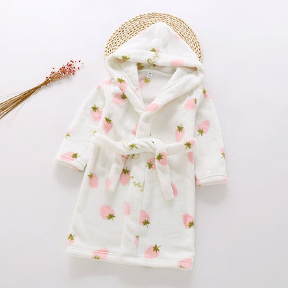 Plush Hooded Bathrobe - Kids Fleece Nightgown - Strawberry - Just Kidding Store