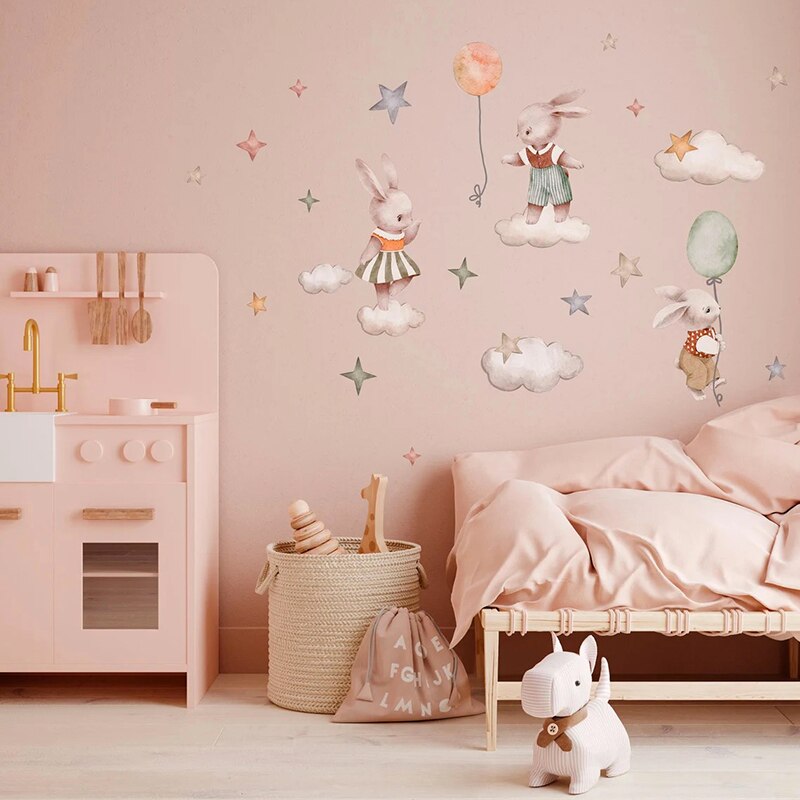 Watercolor Bunny Clouds Stars Nursery Wall Decal - Just Kidding Store