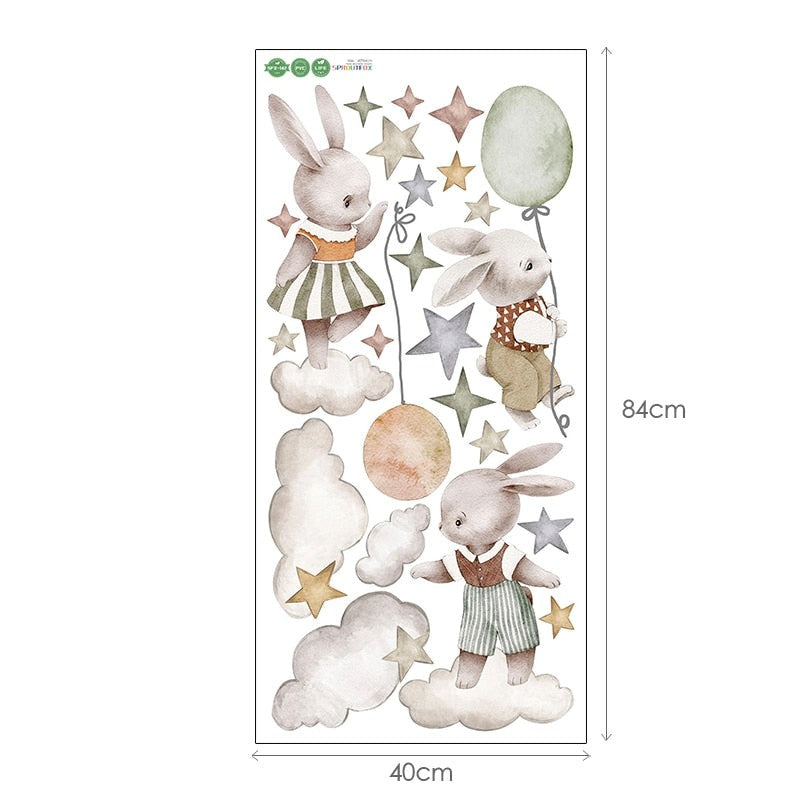 Watercolor Bunny Clouds Stars Nursery Wall Decal - Just Kidding Store