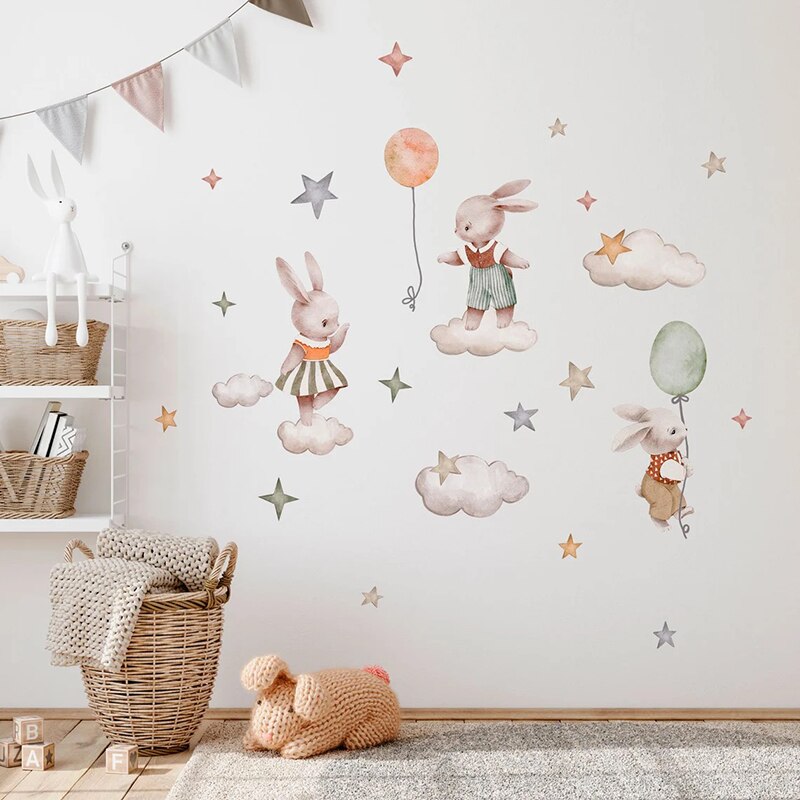 Watercolor Bunny Clouds Stars Nursery Wall Decal - Just Kidding Store