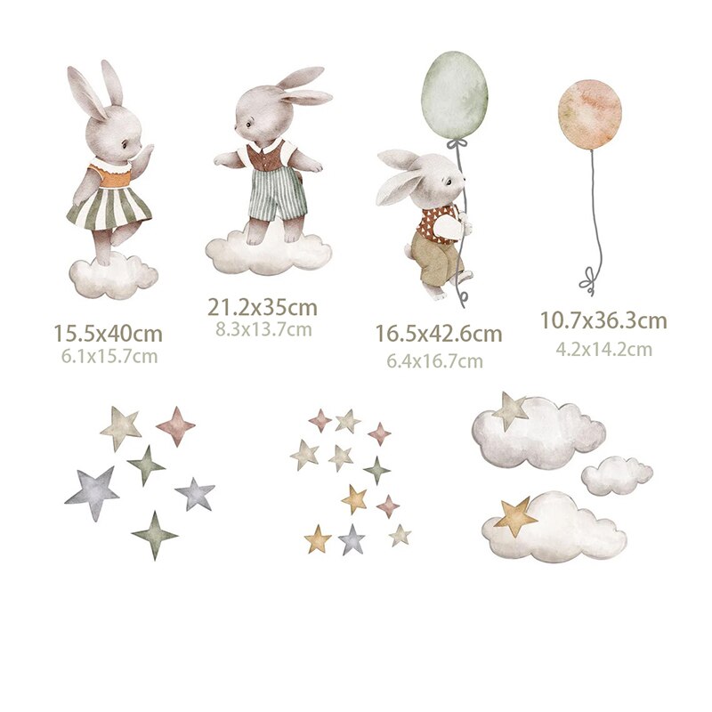 Watercolor Bunny Clouds Stars Nursery Wall Decal - Just Kidding Store