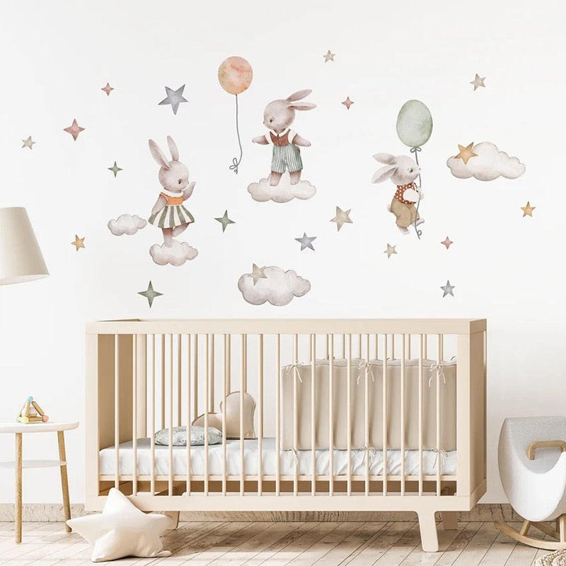 Watercolor Bunny Clouds Stars Nursery Wall Decal - Just Kidding Store