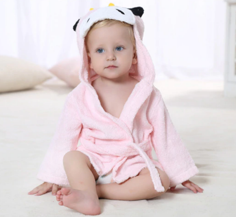 Baby Hooded Bathrobe - Terry Towel - Pink Cow - Just Kidding Store