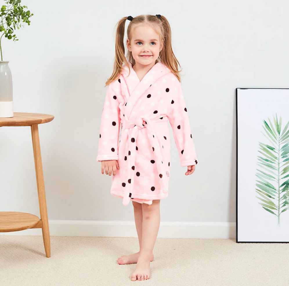 Plush Hooded Bathrobe - Kids Fleece Nightgown - Pink Dots - Just Kidding