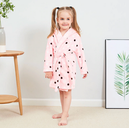 Plush Hooded Bathrobe - Kids Fleece Nightgown - Yellow Dots