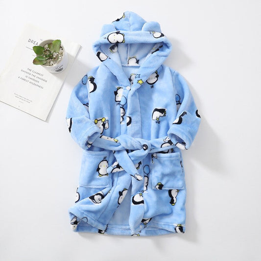 Plush Hooded Bathrobe - Kids Fleece Nightgown - Penguin - Just Kidding Store