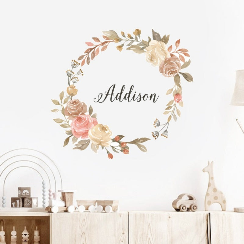 Custom Name Floral Wreath Wall Sticker - Just Kidding Store