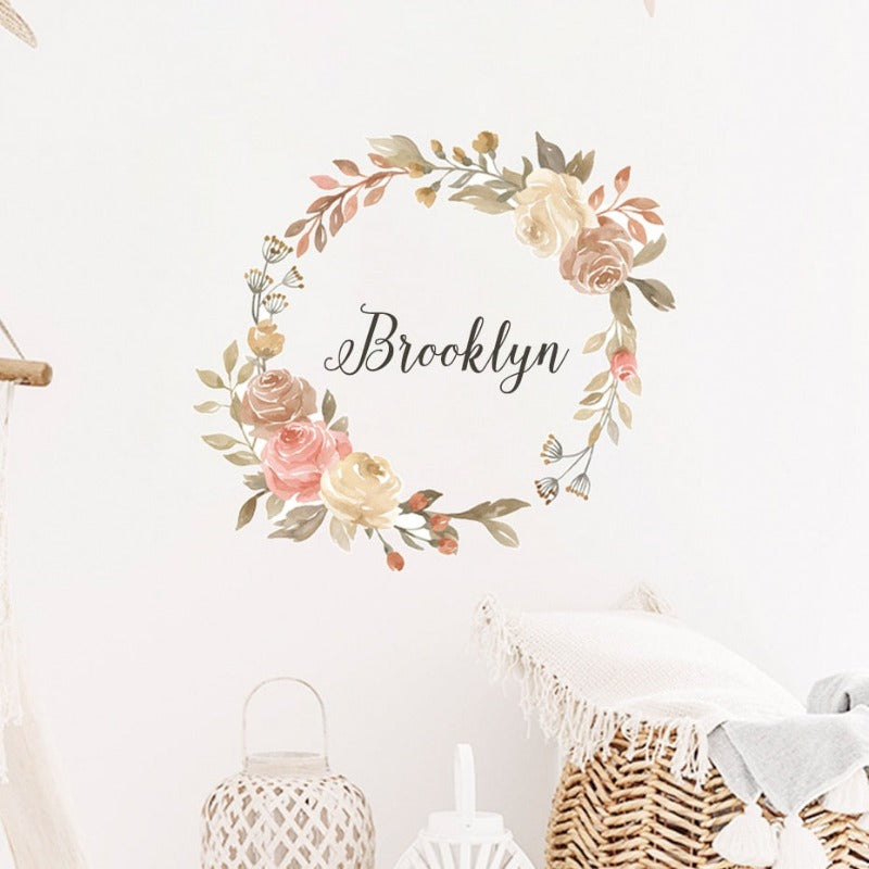 Custom Name Floral Wreath Wall Sticker - Just Kidding Store