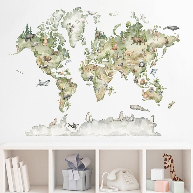 Watercolor Animals Wildlife World Map Wall Stickers - Just Kidding Store